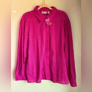 Cali & York Hot Pink Eyelet Crochet Long Sleeve Button Down Blouse 2X